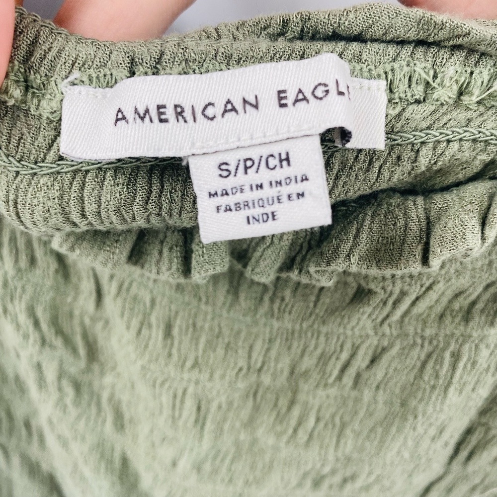American Eagle Smocked Balloon Sleeve Crop Green Size Small - Picture 2 of 4